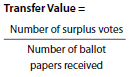 Transfer value = Number of surplus votes divided by the number of ballot papers received