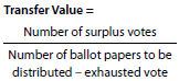 Transfer value = Number of surplus votes divided by Number of ballot papers to be distributed - exhausted vote